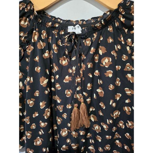 THML Women’s Black Brown Abstract Print Tassel Tie Blouse – Large - Picture 7 of 9